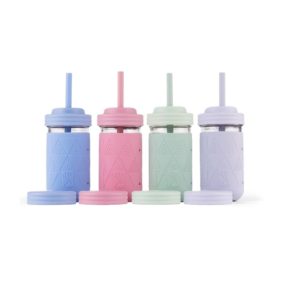 Elk And Friends 12Oz Glass Kids + Toddler Drinking Cups | The Original Mason Jars With Lids + Sleeves + Straws | Smoothie Cups | Spill Resistant | Di
