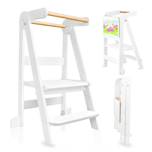 Uuoeebb Foldable Learning Tower, Wooden Step Stool for Kids with 3 Adjustable