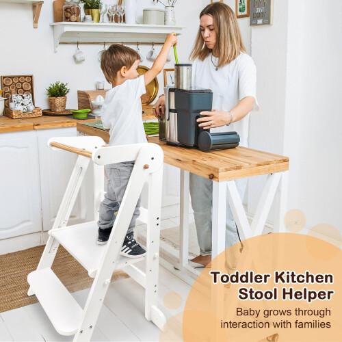 Uuoeebb Foldable Learning Tower, Wooden Step Stool for Kids with 3 Adjustable 1