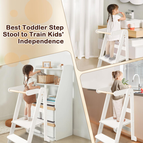 Uuoeebb Foldable Learning Tower, Wooden Step Stool for Kids with 3 Adjustable 2