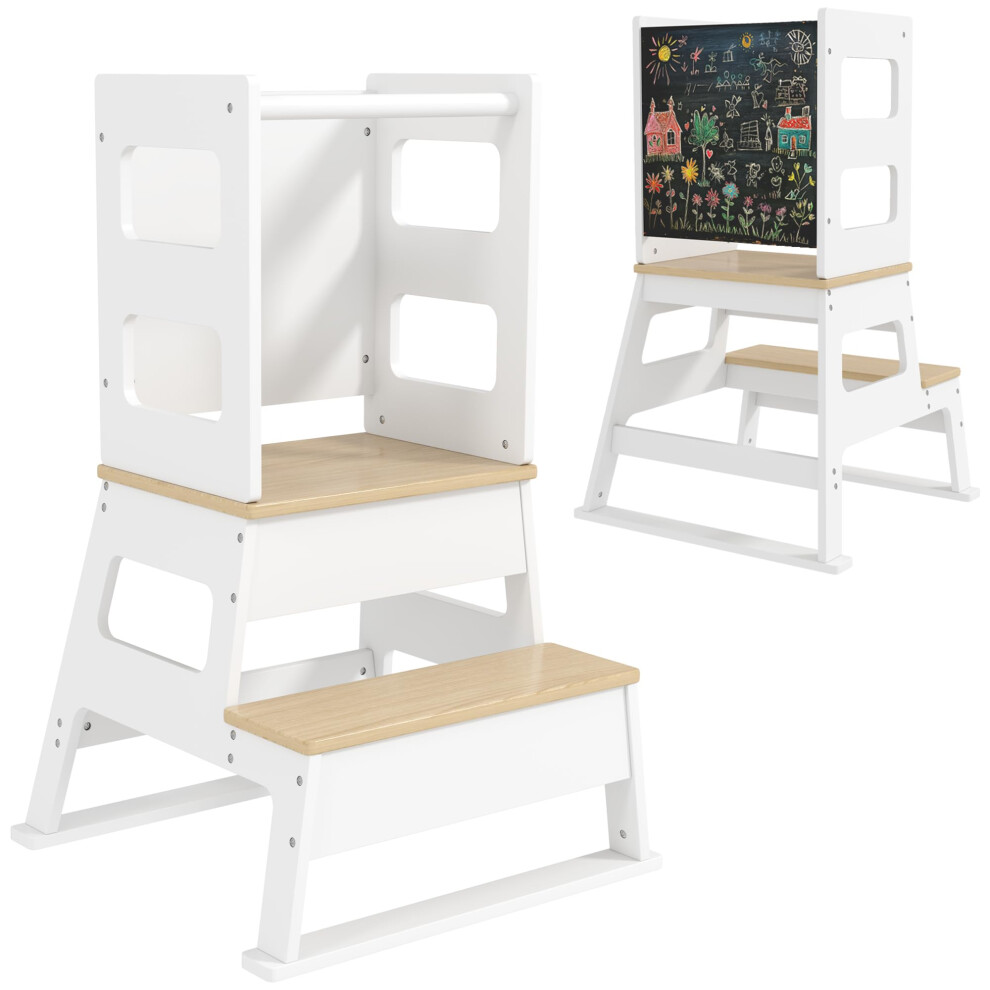Aiyaplay Toddler Tower, 2 In 1 Toddler Step Stool With Chalkboard, Safety Rail, Kids Standing Tower For Kitchen, Counter, Bathroom, Sink, White