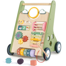 LOL-FUN Wooden Baby Walker for 1 2 Year Olds, Toddlers Push Along Walkers with Blocks, 10in1 Multiple Learning Walking Toys Activity Center for Boys