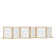 PawHut Freestanding Pet Gate, 6 Panel Foldable Playpen, Wooden Dog Gate with 2 Support Feet, for Stairs, Doorway - Natural Tone