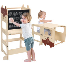 Kids Step Stool, Kitchen Stool, Aid for Toddlers, Wooden Learning Standing Tower with Chalkboard, Foldable Toddler Table and Chair Set, 2 in 1 Helper