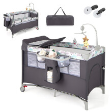 GYMAX 5 in 1 Folding Travel Cot, Portable Baby Bed Playard with Diaper Changer,