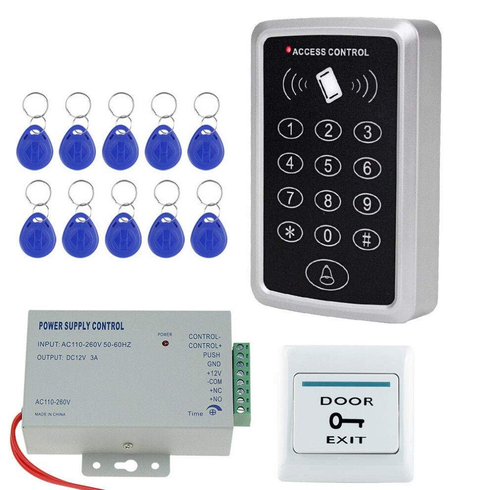 Nn99 Access Control System Kit Rfid Keypad Card Reader With Power Supply + Door Exit Button + 10Pcs 125Khz Keyfobs No Electric Locks 637195450282