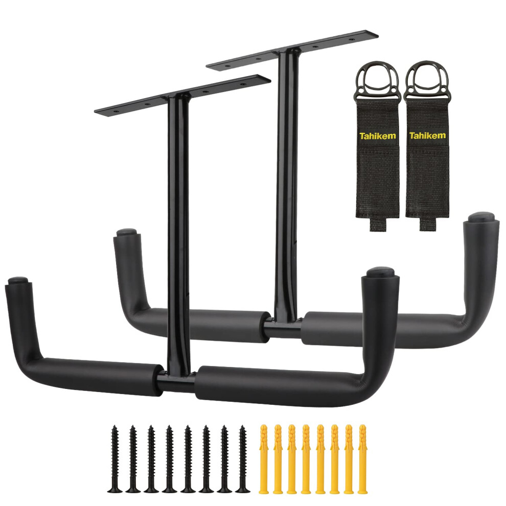Tahikem 2 Set Overhead Garage Storage Rack, Heavy Duty Overhead Storage Double Hook, Ceiling Mount Hanger Safe Utility Hooks, Hanging For Lumber 788510960891