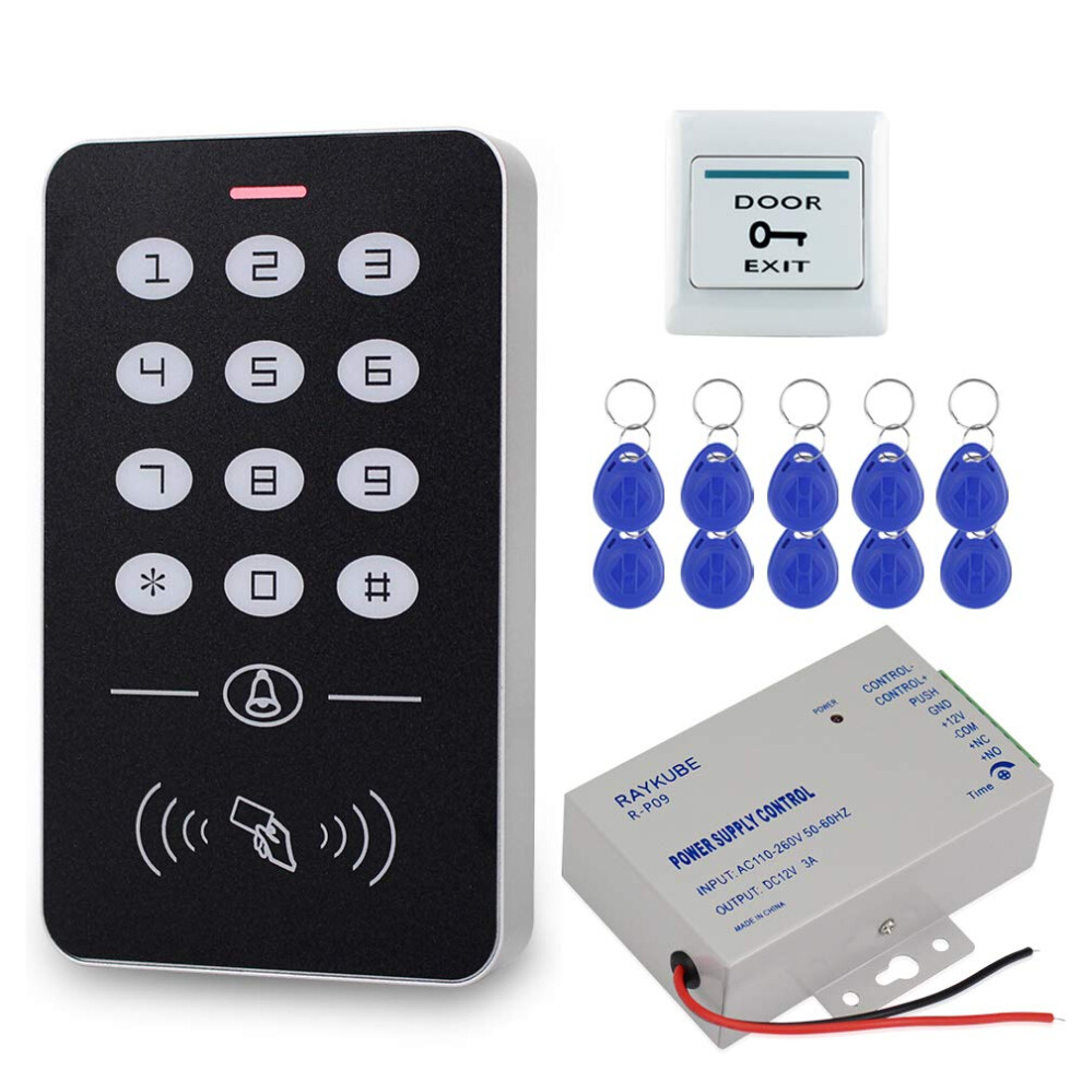 Hfeng Cheap Access Control System Kit 125Khz Rfid Keypad + Dc12v 3A Power Supply Controller + Door Exit Button + 10Pcs Keyfobs Card For Home Alarm 821681779302