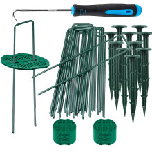 50 Stainless Steel U-shaped Weed Control Membrane Pegs + 10 Plastic Fabric Securing Garden Pegs + 20 Buffer Washers + 1 Pick Hook, for Garden Fencing,