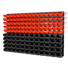 Prosperplast Set of Orange 75 XS and Black 60 S size IN-Box storage bins and wall mounted louvre