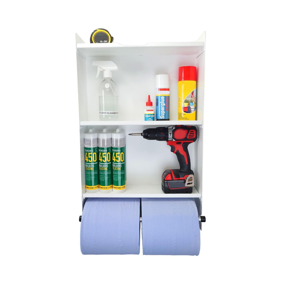Megamaxx Steel Blue Roll Holder Dispenser And Shelving Unit For Workshops, Garage And Factories - White Shelves - Cleaning Station, Accessories And 5056482441270