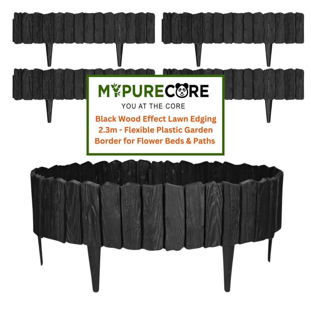 Mypurecore Lawn Edging 2.3M Black Wood Effect Garden Border Flexible Plastic Edging - Flower Beds & Paths, Weather-Resistant, Recyclable Palisade