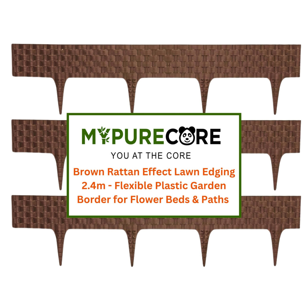 Garden Lawn Edging 2.4M Brown Rattan Effect Flexible Plastic Garden Border For Flower Beds Paths Weather-Resistant & Recyclable Palisade - Mypurecore 5060603863469