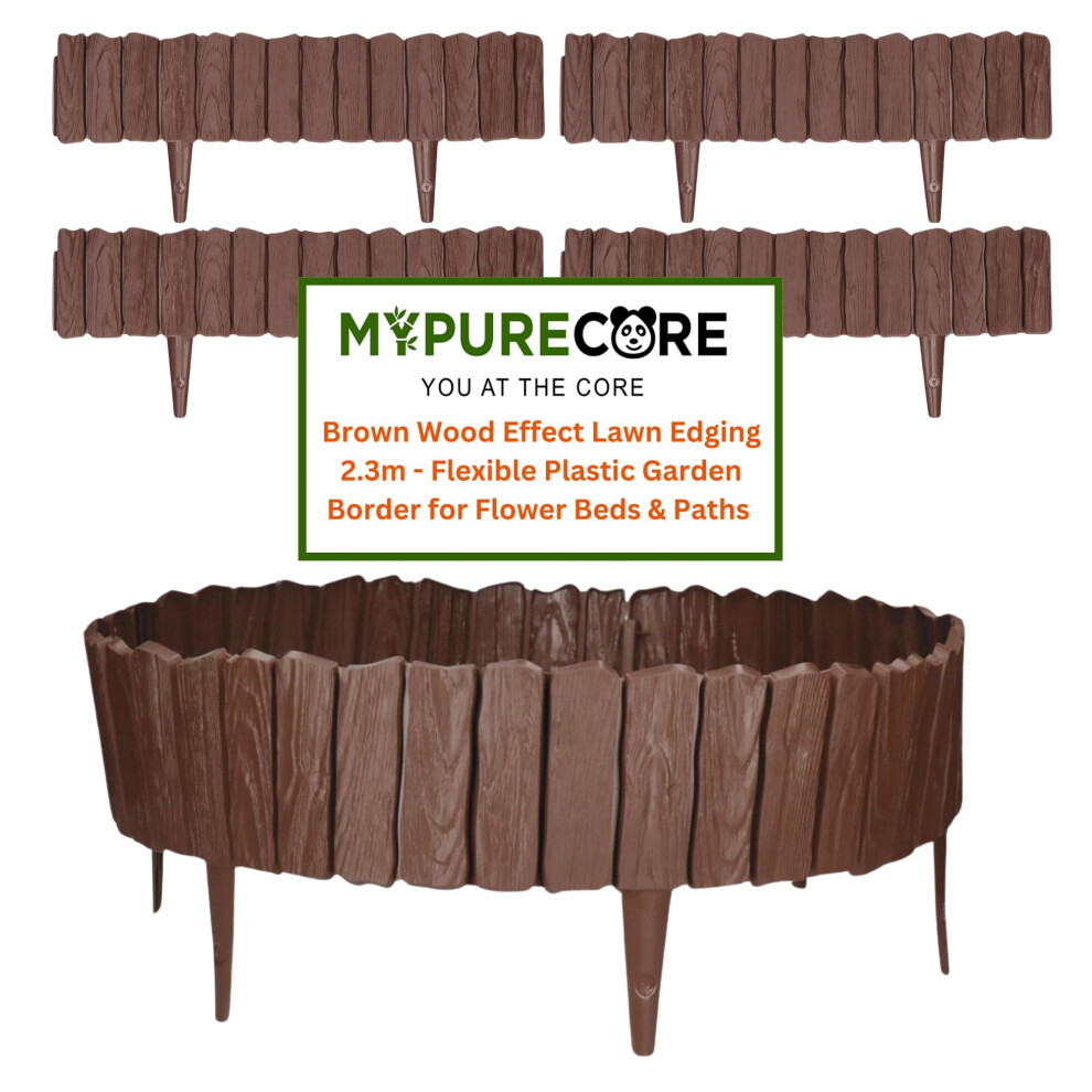 Lawn Edging 2.3M Brown Wood Effect Garden Border Flexible Plastic Edging - Flower Beds & Paths, Weather-Resistant, Recyclable Palisade - Mypurecore 5060603863537