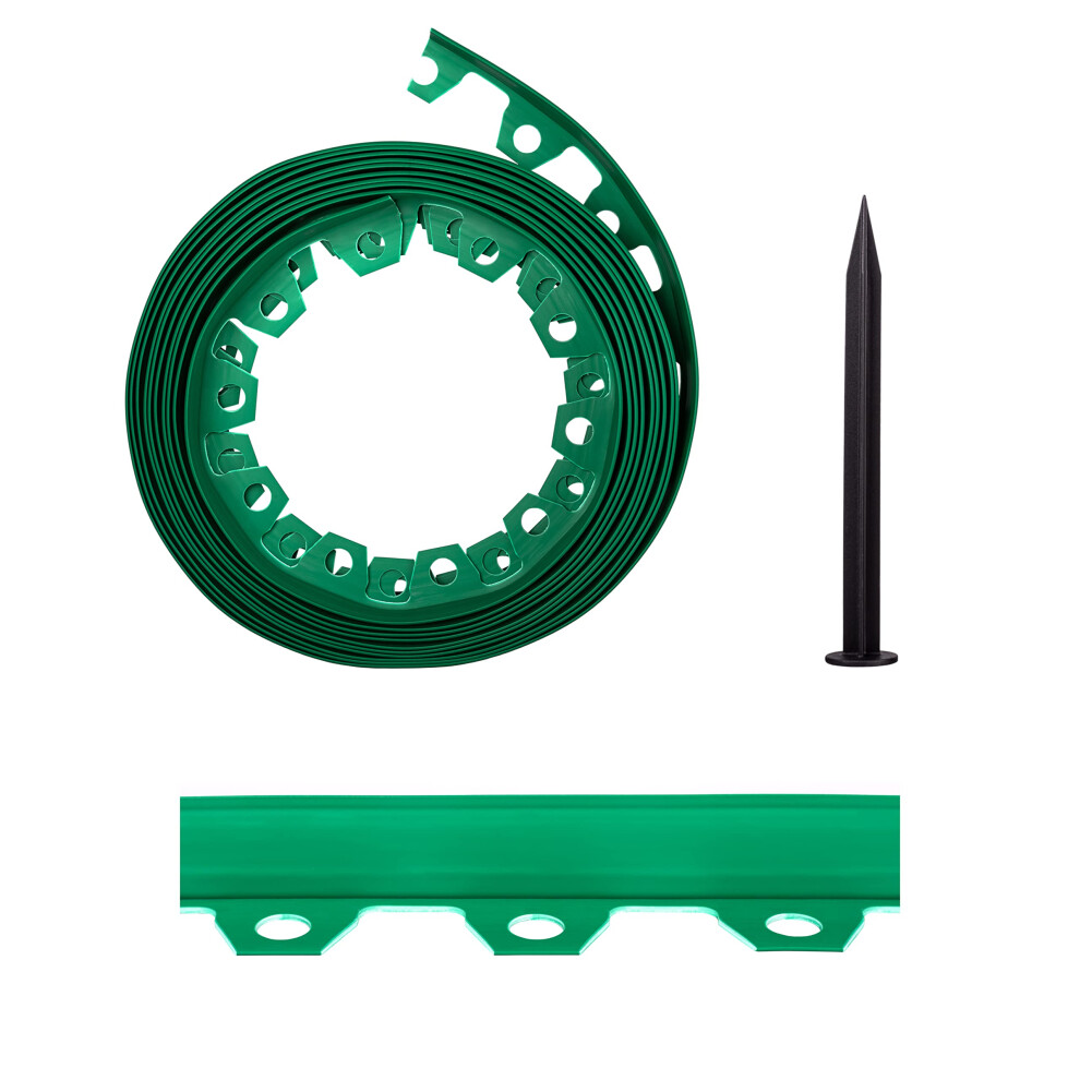Lawn Garden Edging Border With Heavy-Duty Ground Stakes 32Ft | 10M Green 4Cm High Flexible Flower Bed Edge And Reinforced Plastic Pegs, Professional 5060953800510
