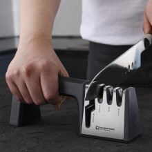 4 Slot Knife and Scissors Sharpener, Ergonomic NonSlip Grip, Stainless Steel, Quick Edge Restoration