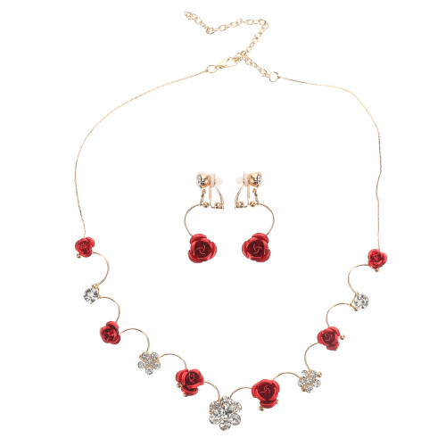 4Pièces Ensemble Bijoux Enfant Fleurs Rouges Collier Boucles Légères