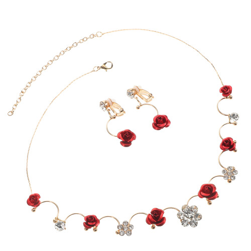 4Pièces Ensemble Bijoux Enfant Fleurs Rouges Collier Boucles Légères 1