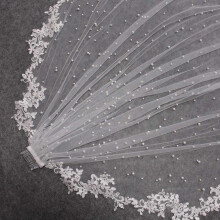 Pearls Wedding Veil With Lace Appliques Edge, 2.5M Long Bridal Veil With Comb For Bride