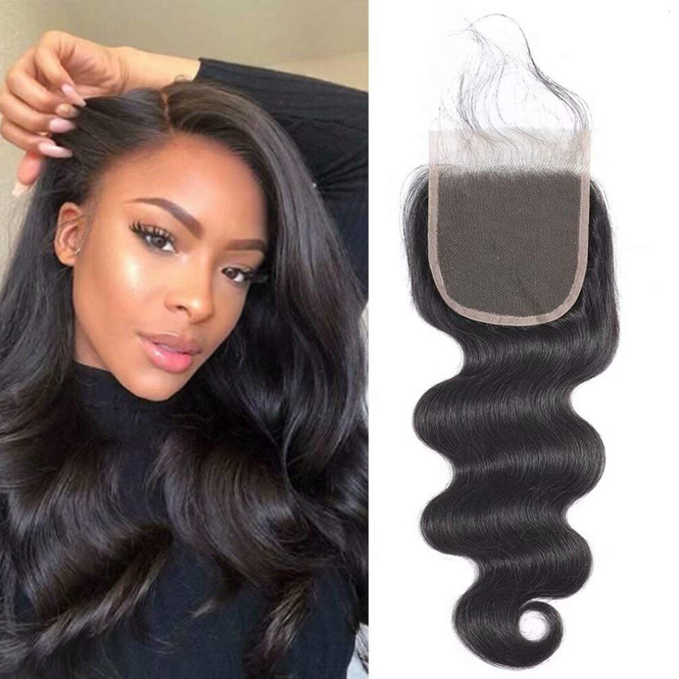 Unisex Black Peruvian Human Hair Lace Closure 4X4 Swiss Lace Natural Preplucked Virgin Hair 10 Inch