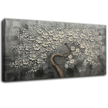 White Flower Wall Art 24x48 Inch HandPainted Large Canvas Wall Decor for Living Room and Bedroom