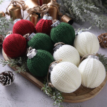 12 Pcs Crochet Christmas Balls Ornaments, Handmade Red White Green Cotton Baubles for Rustic Farmhouse Tree Decor, 2.36 Inch Shatterproof Design