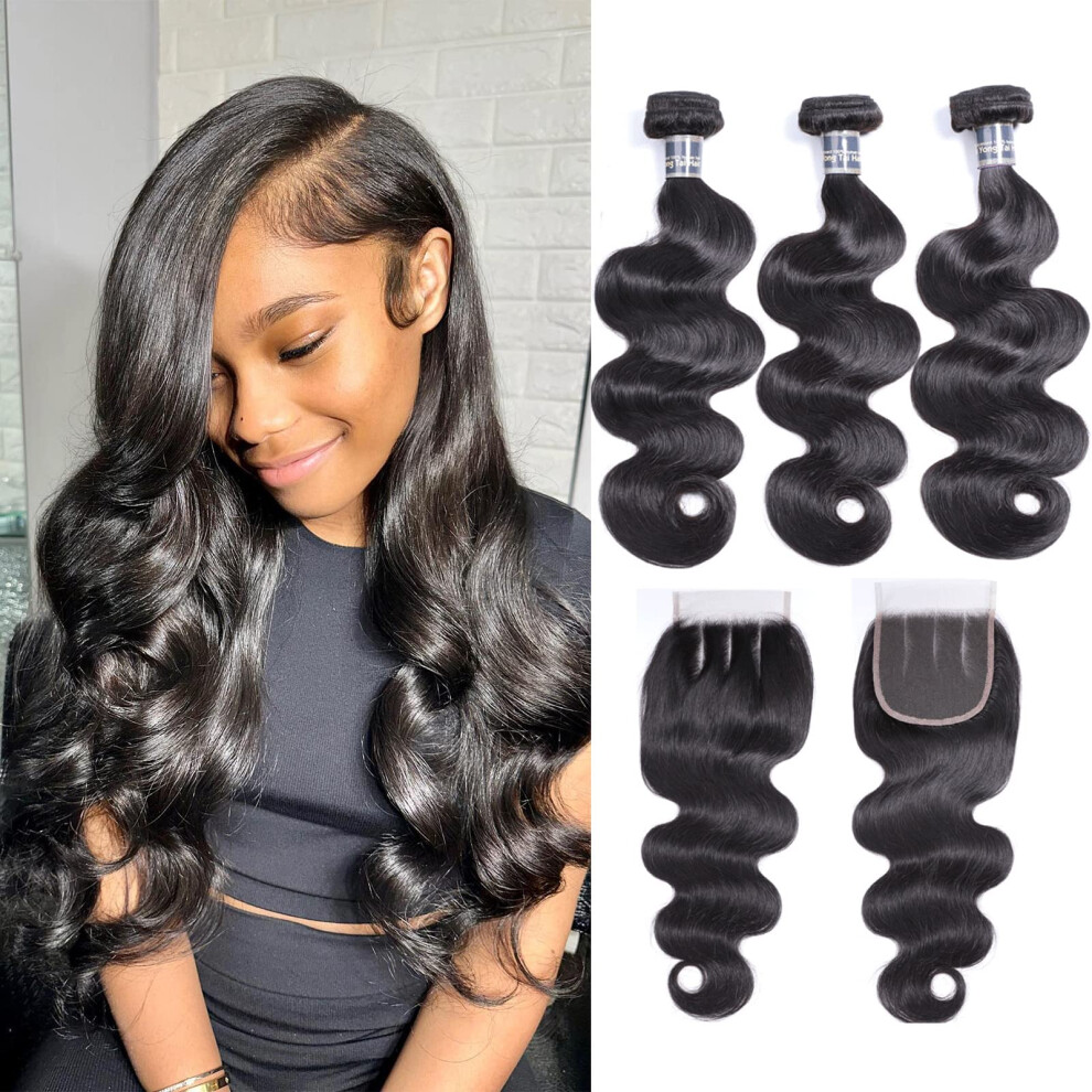 Unisex Brazilian Body Wave Virgin Human Hair Bundles With Closure 3Pcs 9A Unprocessed Extensions