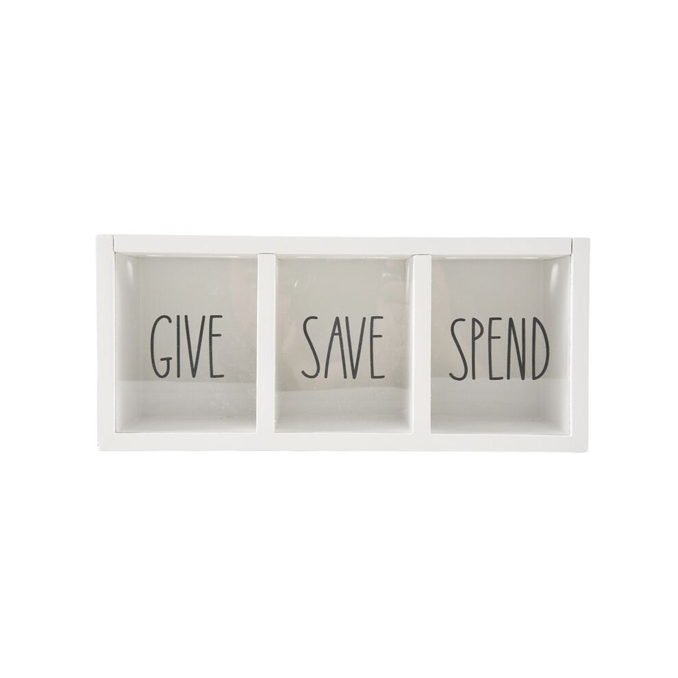 Wooden Give Save Spend Money Saving Box For Kids, Countertop Kid Piggy Bank For Daily Cash, Wall-Mount Kids Bank White