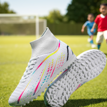 (WHITE, 42) Men's High-Top Soccer Shoes Non-Slip Futsal Cleats Breathable Professional Sneakers for Outdoor