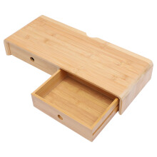 2Pièces Support D'écran Ordinateur Bureau En Bambou Khaki Avec Tiroirs