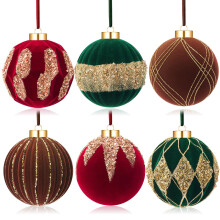 6 Pcs Large Velvet Christmas Ball Ornaments Brown Green Red Shatterproof Elegant Holiday Décor