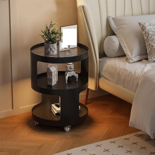 Bedside Table with Wheels, 3 Tier SpaceSaving Round Side Table, Tempered Glass, Induction Light, Black 15.7x15.7x23.2in