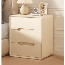 Solid Wood Bedside Table with 3 Drawers, Beige Nightstand for Bedroom, 40cm Rounded Safety Corners
