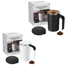 Magnetic Self Stirring Mug Set, USB Rechargeable 304 Stainless Steel Coffee Cups with LCD Display and Lid, 14oz Black and White 2pcs