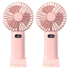 2 Portable Handheld Fans, Mini USB Rechargeable, 3Speed Cooling, Detachable Base, Pink, for Desk and Travel