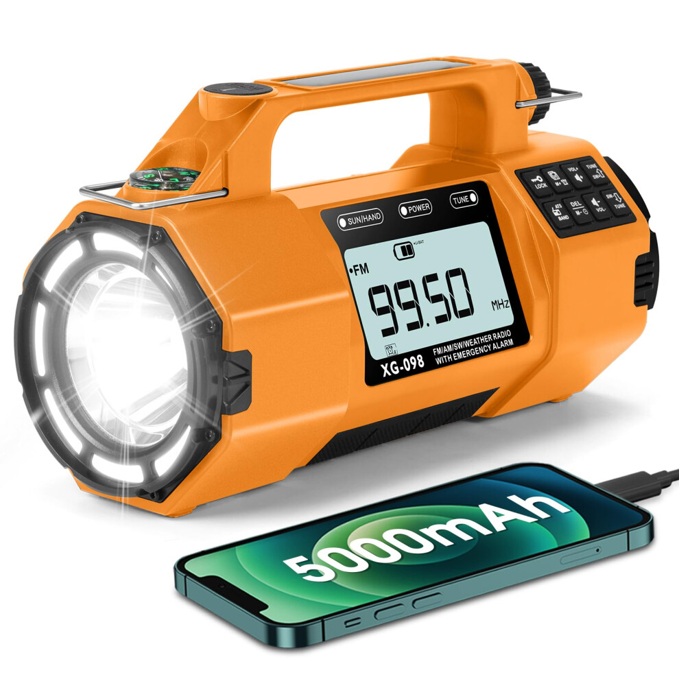 Emergency Weather Radio with NOAA Alerts, Solar and Hand Crank, 5000mAh Battery, LED Flashlight