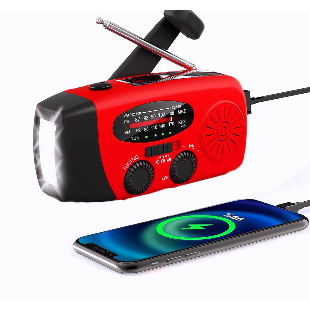 Emergency Weather Radio NOAA Alert Hand Crank Solar AM FM with LED Flashlight 2000mAh Power Bank