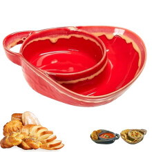 Stoneware Soup and Sandwich Bowl with Handle, TwoSection Breakfast Plate, Large Capacity, Red