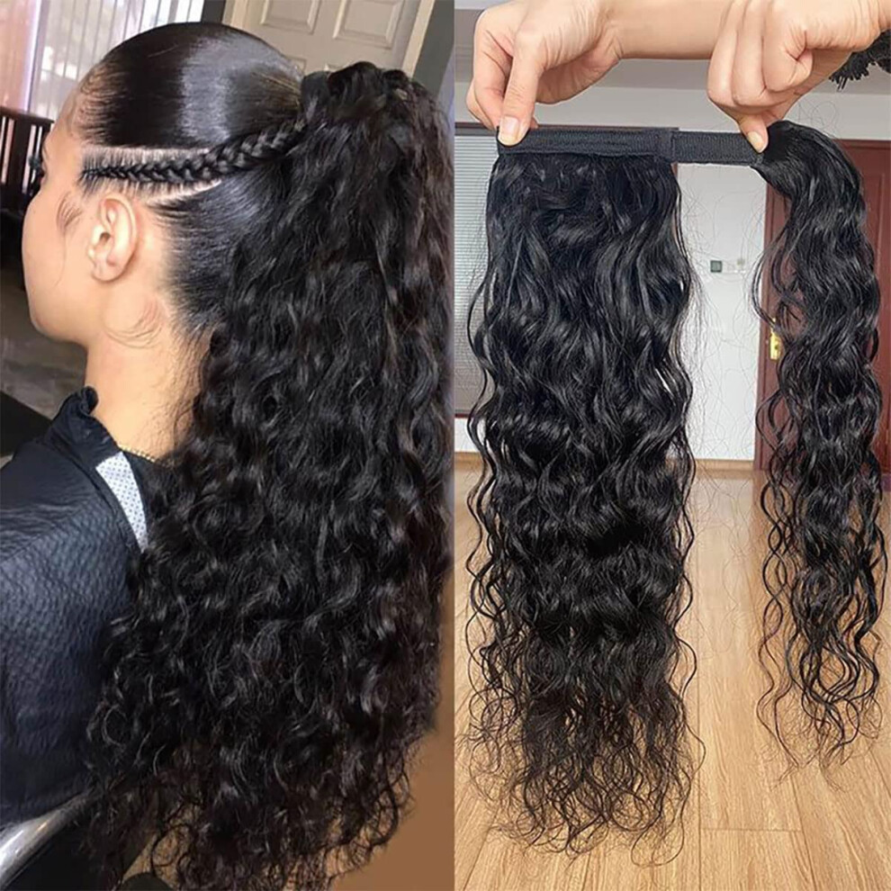 Unisex Black 18 Inch Natural Human Hair Water Wave Ponytail Extension With Wrap Around Clipin For Instant Volume
