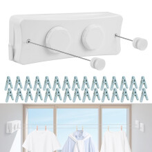 17Ft Retractable Dual Line Clothesline Indoor Outdoor with 30 Clothespins and AntiSag Knob