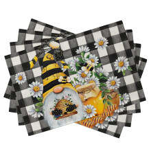 Bee Gnome Placemats Set of 4, Farmhouse Buffalo Check Cotton Linen Table Mats, HeatResistant Dining Decor