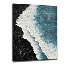 Hand Painted Abstract Oil Painting Wall Art, Framed Black White Blue Textured Canvas 16x24 Modern