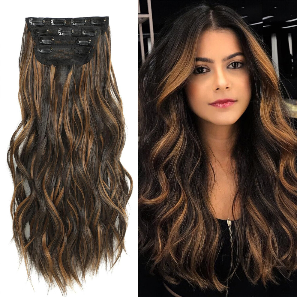 Unisex Brown Highlight Balayage Clip In Hair Extensions 20 Inch Long Wavy Synthetic For Women Seamless Blend
