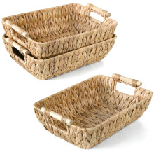 Wicker Storage Basket 3 Pack Handwoven Water Hyacinth with Wooden Handles for Home Organization