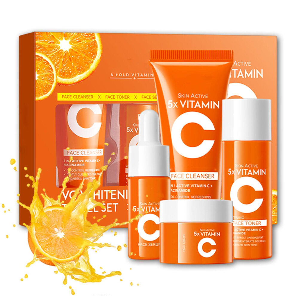 Cream Vitamin C Skincare Set With Cleanser Toner Serum Travel Size Kit For Women And Teens