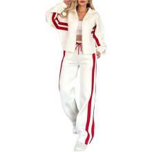 Damen Herbst-Trainingsanzug, 2-Teiliges Outfit, Reißverschluss, Gestreifte Y2K-Jacke, Weite Hose, Passendes Trainingsanzug-Set Weiß L