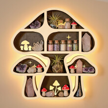 Mushroom Floating Shelf with LED Light, Wooden Rustic Wall Organizer for Crystals and Trinkets