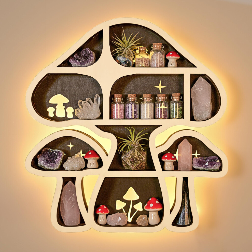 Mushroom Floating Shelf with LED Light, Wooden Rustic Wall Organizer for Crystals and Trinkets