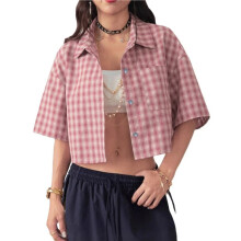 Women'S Y2k Plaid Print Collared Button Shirt Short Sleeve Crop Tops Preppy Clothes Streetwear Red S