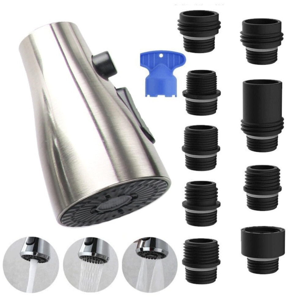 Kitchen Faucet Spray Head Replacement, 3Mode Pull Down Nozzle With Adapters, Brushed Nickel 9187378084007
